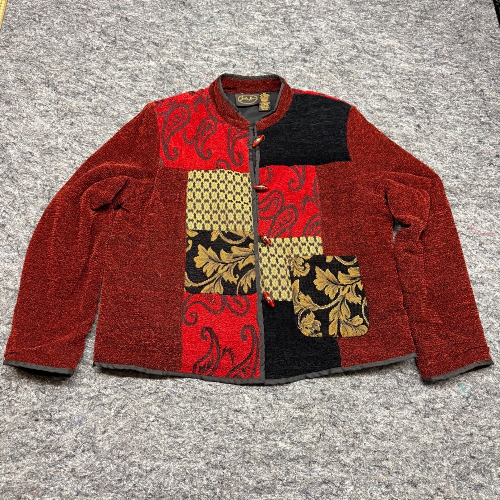 Vintage 90s Julia Kim Red Patchwork Chenille Jacket Petite Large